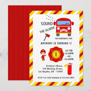 Invitation Fête d'anniversaire de pompier avec camion de pomp