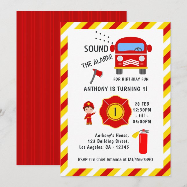 Invitation Fête d'anniversaire de pompier avec camion de pomp (Devant / Derrière)