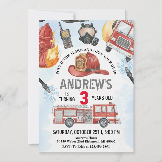 Invitation Fête d'anniversaire de pompier personnalisée avec  (Devant)