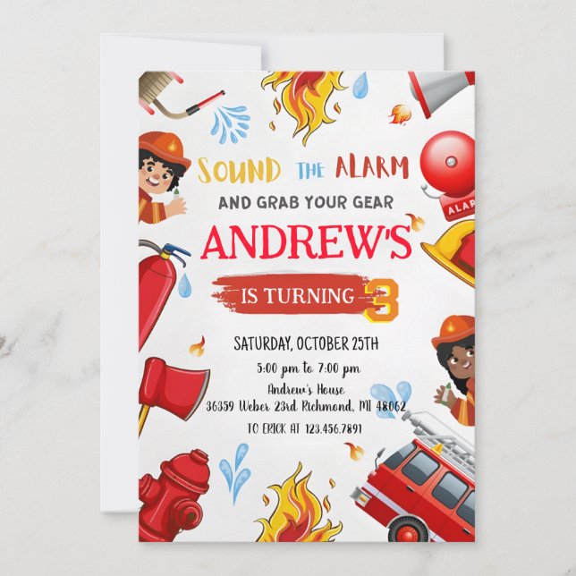 Invitation Fête d'anniversaire de pompier personnel (Devant)
