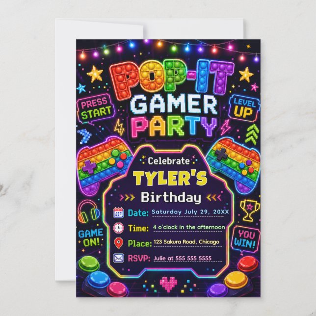 Invitation Fête d'anniversaire de Pop It Gamer (Devant)
