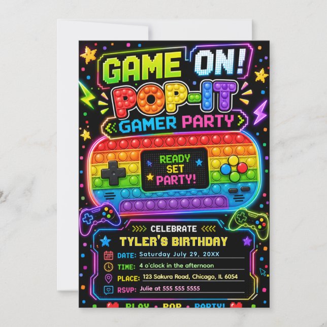 Invitation Fête d'anniversaire de Pop It Gamer Party (Devant)