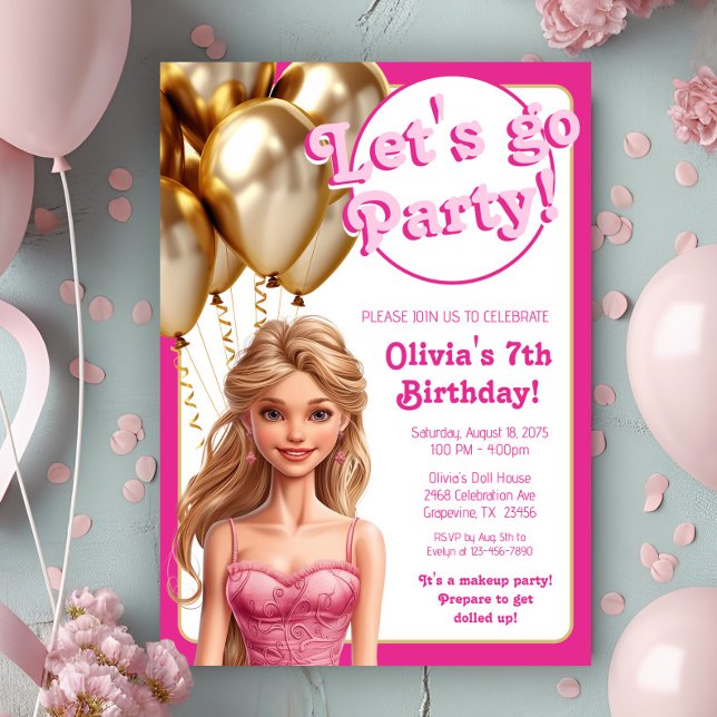 Invitation Fête d'anniversaire de poupée de mode en or rose (Cute pink fashion doll any number birthday party invitation.)