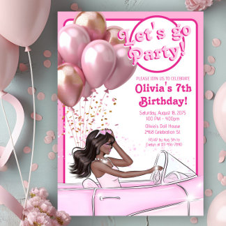Invitation Fête d'anniversaire de poupée de mode rose à mélan