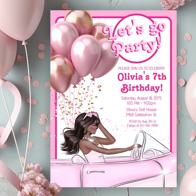 Invitation Fête d'anniversaire de poupée de mode rose à mélan (Cute pink doll in car any number birthday party invitation. Simply add your event details.)