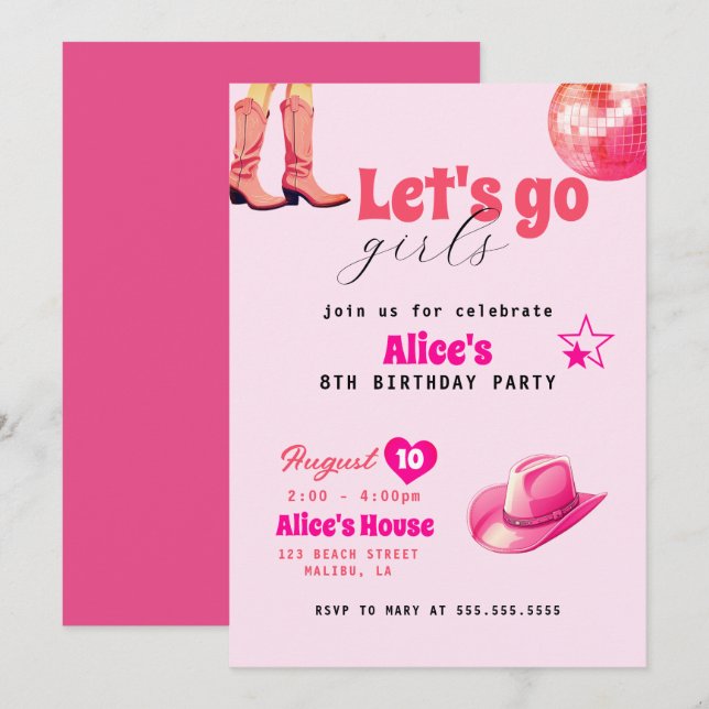 Invitation Fête d'anniversaire de poupée rose, Fille Malibu A (Devant / Derrière)