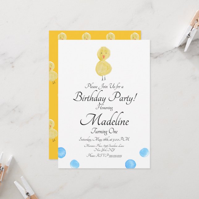 Invitation Fête d'anniversaire de premier âge de canard peint (Devant/Arrière en situation)