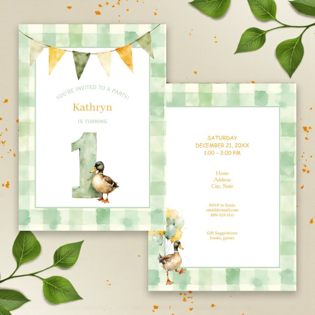Invitation Fête d'anniversaire de premier an avec canard à l' (Créateur téléchargé)