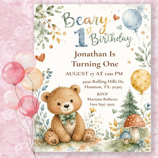 Invitation Fête d'anniversaire de premier ours en aquarelle (Créateur téléchargé)
