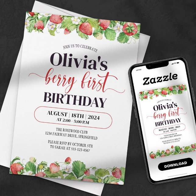 Invitation Fête d'anniversaire de première année à la fraise  (Créateur téléchargé)