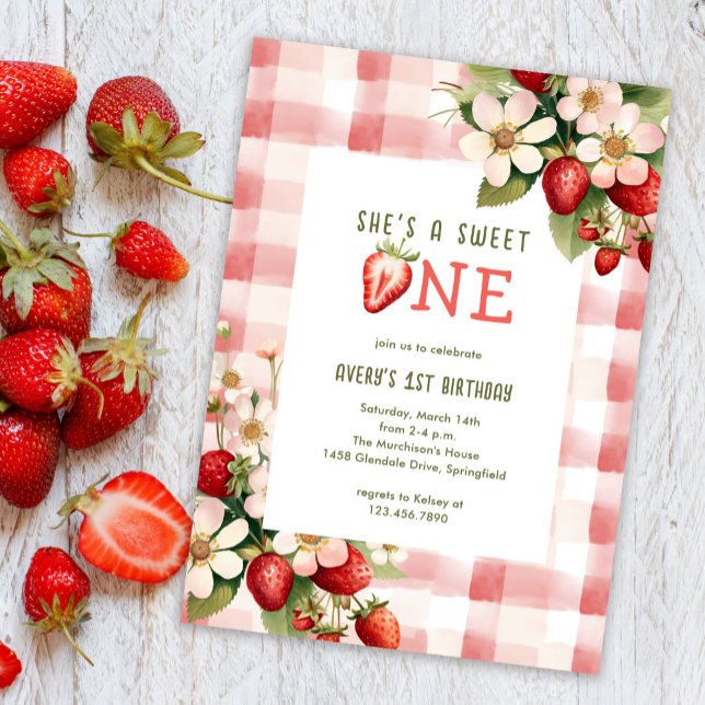 Invitation Fête d'anniversaire de première année de la fraise (Créateur téléchargé)