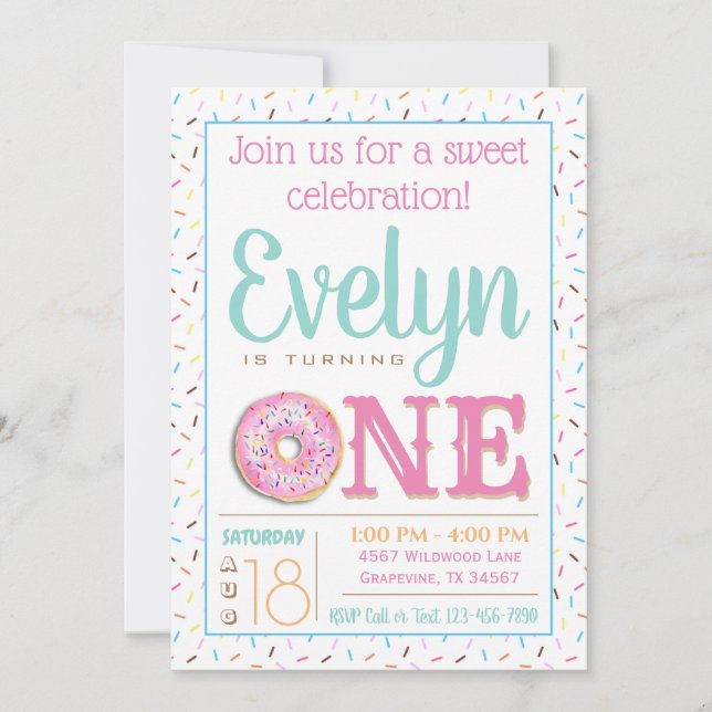 Invitation Fête d'anniversaire de première année Donut pour f (Devant)