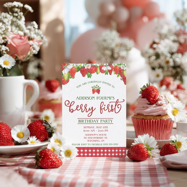 Invitation Fête d'anniversaire de première année fraise, baie (Créateur téléchargé)