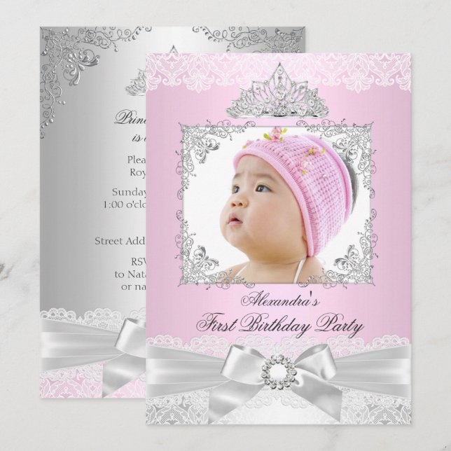 Invitation Fête d'anniversaire de première année pour fille,  (Devant / Derrière)