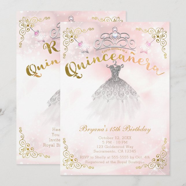 Invitation Fête d'anniversaire de princesse 15 ans Quinceañer (Devant / Derrière)