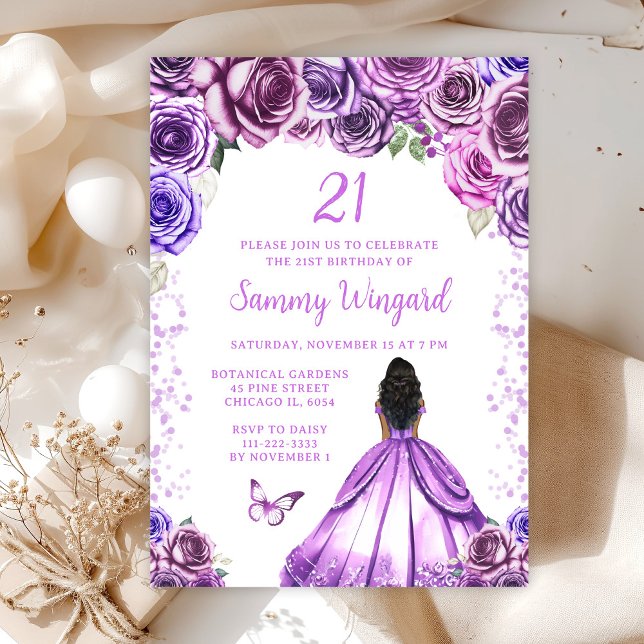 Invitation Fête d'anniversaire de princesse à peau foncée et  (Créateur téléchargé)