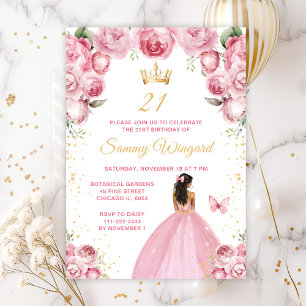 Invitation Fête d'anniversaire de princesse à peau foncée ros