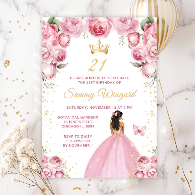 Invitation Fête d'anniversaire de princesse à peau foncée ros (Créateur téléchargé)