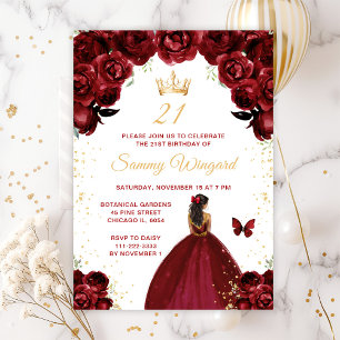 Invitation Fête d'anniversaire de princesse à peau foncée rou