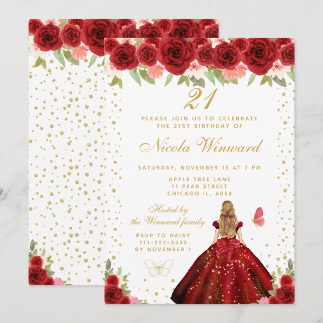 Invitation Fête d'anniversaire de princesse aux cheveux blond (Devant / Derrière)