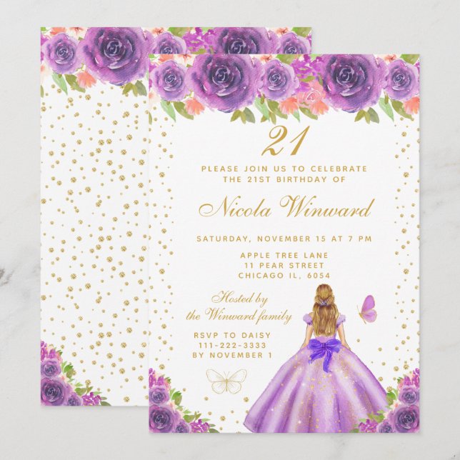 Invitation Fête d'anniversaire de princesse aux cheveux blond (Devant / Derrière)