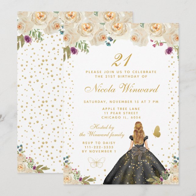 Invitation Fête d'anniversaire de princesse aux cheveux blond (Devant / Derrière)