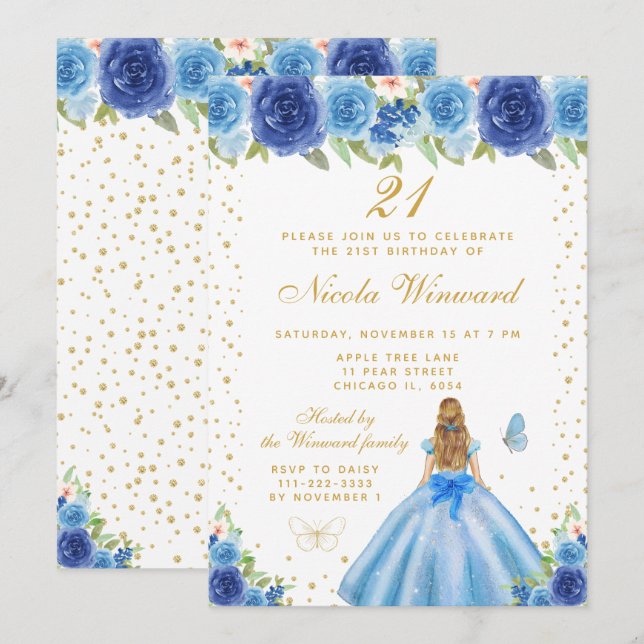 Invitation Fête d'anniversaire de princesse aux cheveux blond (Devant / Derrière)