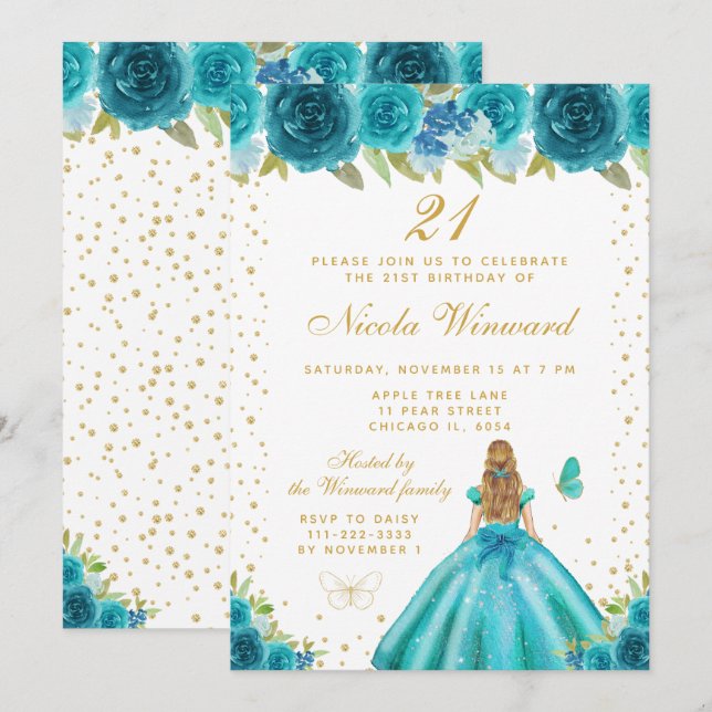 Invitation Fête d'anniversaire de princesse aux cheveux blond (Devant / Derrière)