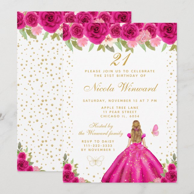 Invitation Fête d'anniversaire de princesse aux cheveux blond (Devant / Derrière)