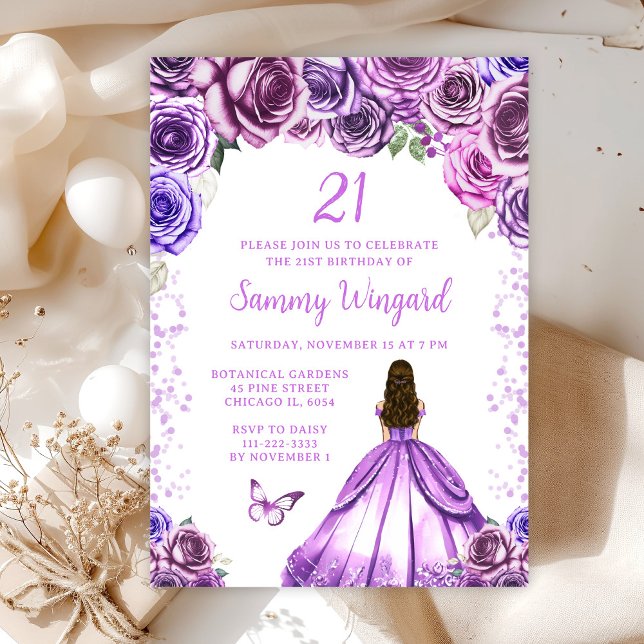 Invitation Fête d'anniversaire de princesse aux cheveux brun  (Créateur téléchargé)