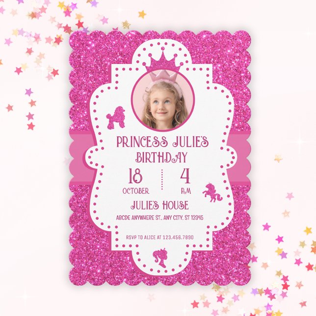 Invitation Fête d'anniversaire de princesse avec paillettes r (Créateur téléchargé)