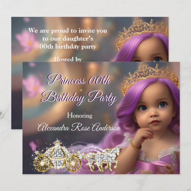 Invitation Fête d'anniversaire de princesse Carrosse violet o (Devant / Derrière)