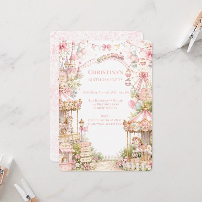 Invitation Fête d'anniversaire de princesse carrousel rose (Devant/Arrière en situation)