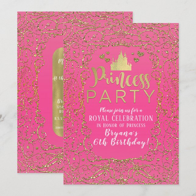 Invitation Fête d'anniversaire de PRINCESSE Château Rose Chau (Devant / Derrière)