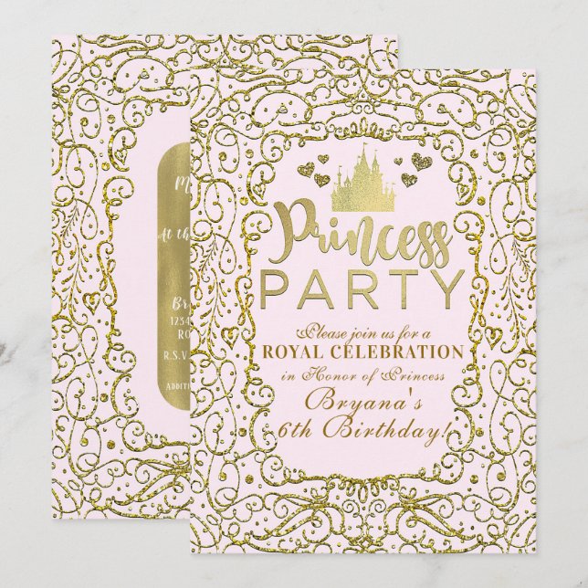 Invitation Fête d'anniversaire de PRINCESSE Château Rose & Or (Devant / Derrière)