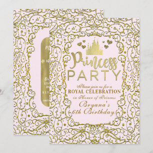 Invitation Fête d'anniversaire de PRINCESSE Château Rose & Or
