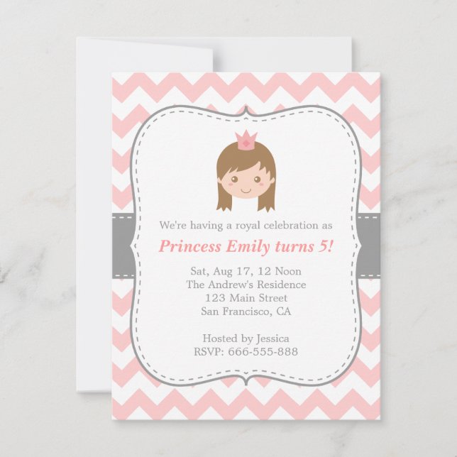 Invitation Fête d'anniversaire de princesse, Chevron rose et  (Devant)