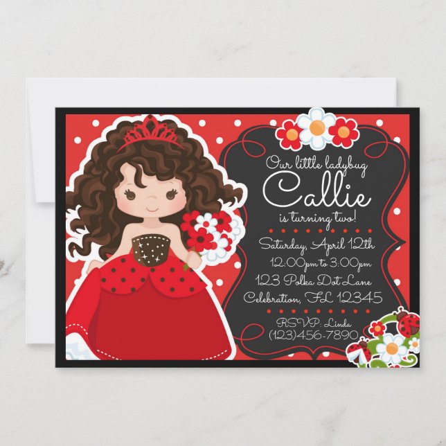 Invitation Fête d'anniversaire de princesse coccinelle filles (Devant)