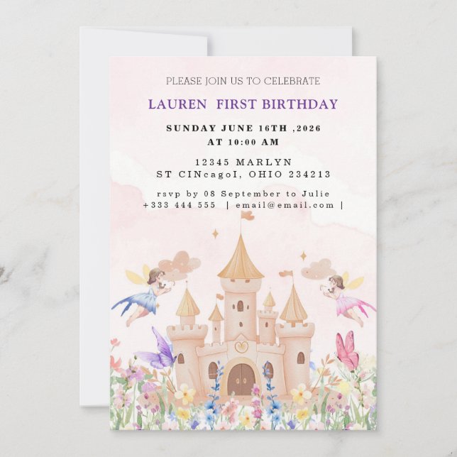 Invitation Fête d'anniversaire de princesse de conte de fées  (Devant)