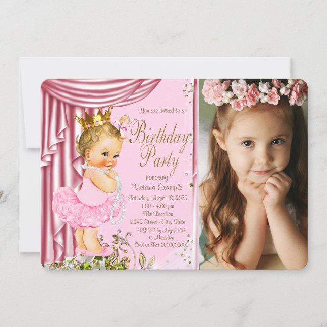 Invitation Fête d'anniversaire de princesse en rose et or ave (Devant)