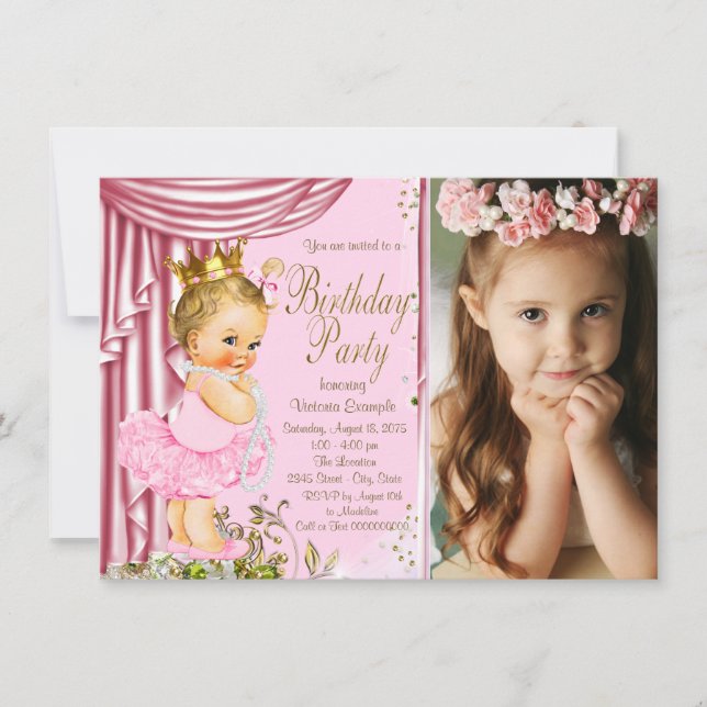 Invitation Fête d'anniversaire de princesse en rose et or ave (Devant)