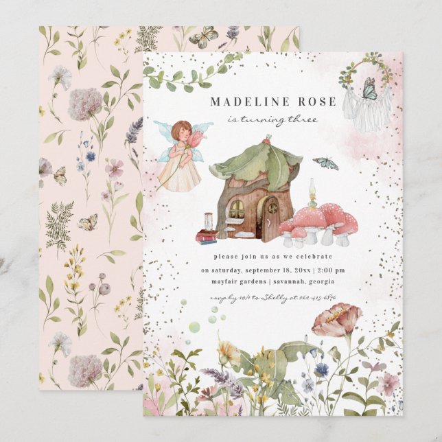 Invitation Fête d'anniversaire de princesse fée florale magiq (Devant / Derrière)