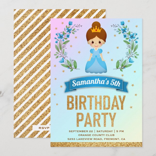 Invitation Fête d'anniversaire de princesse florale bleue ave (Devant / Derrière)