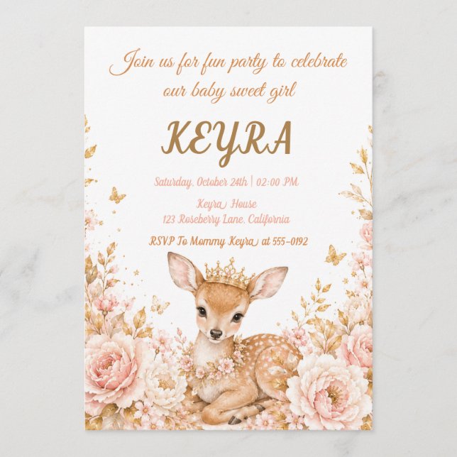 Invitation Fête d'anniversaire de princesse florale cerf roya (Devant)