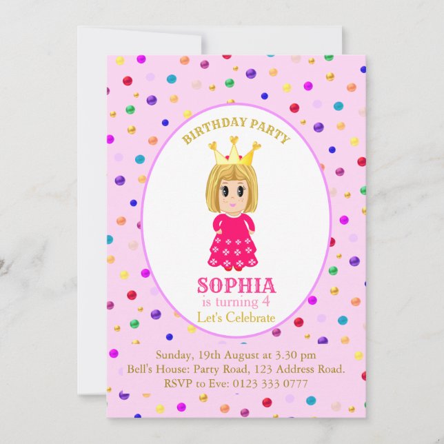 Invitation Fête d'anniversaire de princesse mignonne (Devant)