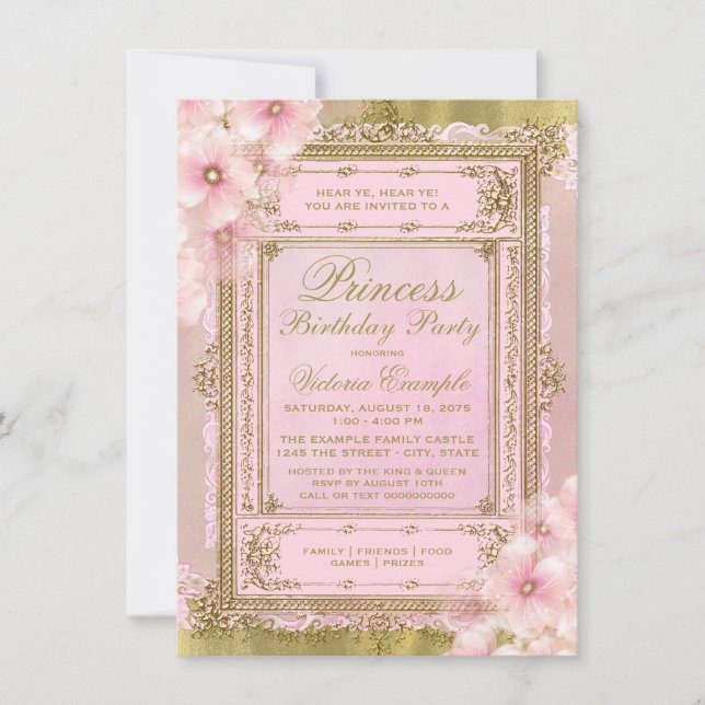 Invitation Fête d'anniversaire de princesse rose et or (Devant)
