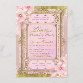 Invitation Fête d'anniversaire de princesse rose et or