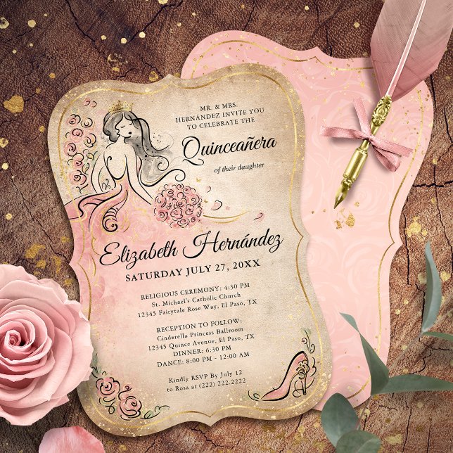 Invitation Fête d'anniversaire de Princesse Rose et Or pour Q (Unique, downloadable rose gold pink quinceanera invitations on an editable DIY template.)