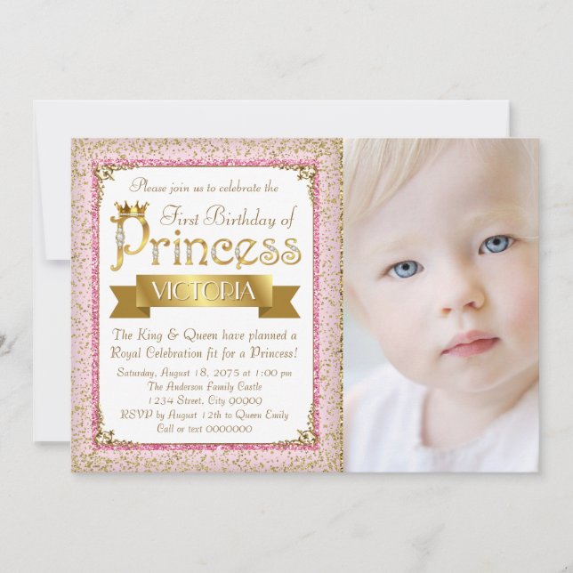 Invitation Fête d'anniversaire de princesse rose poudré or po (Devant)