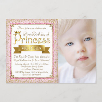 Invitation Fête d'anniversaire de princesse rose poudré or po